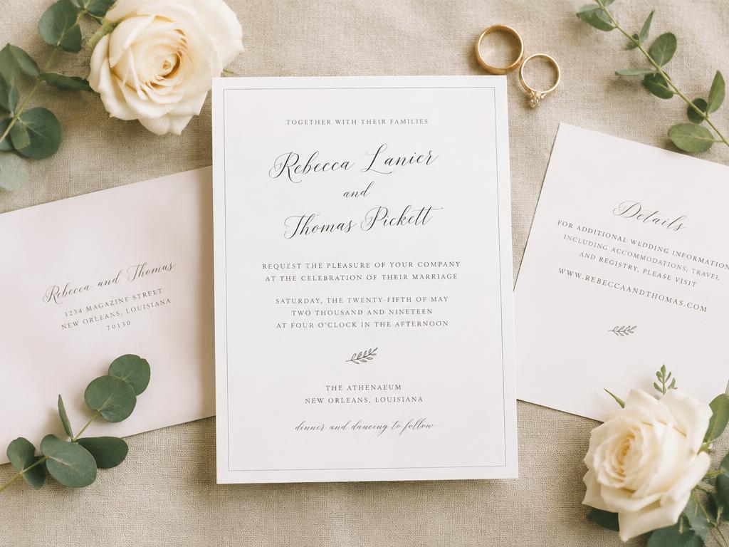 Hochzeitspapeterie und Ringe